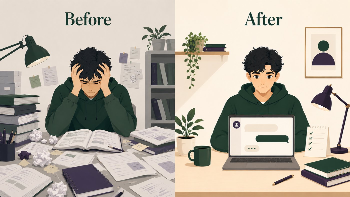 Before and After — a student transformed from overwhelmed with stacks of paper to calm and organised with the Velvet Method on their laptop